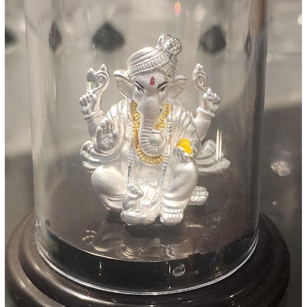 Emerald Jewel India Solid 99.9% Silver Ganesha Figurine Under Dome Gift Boxed
